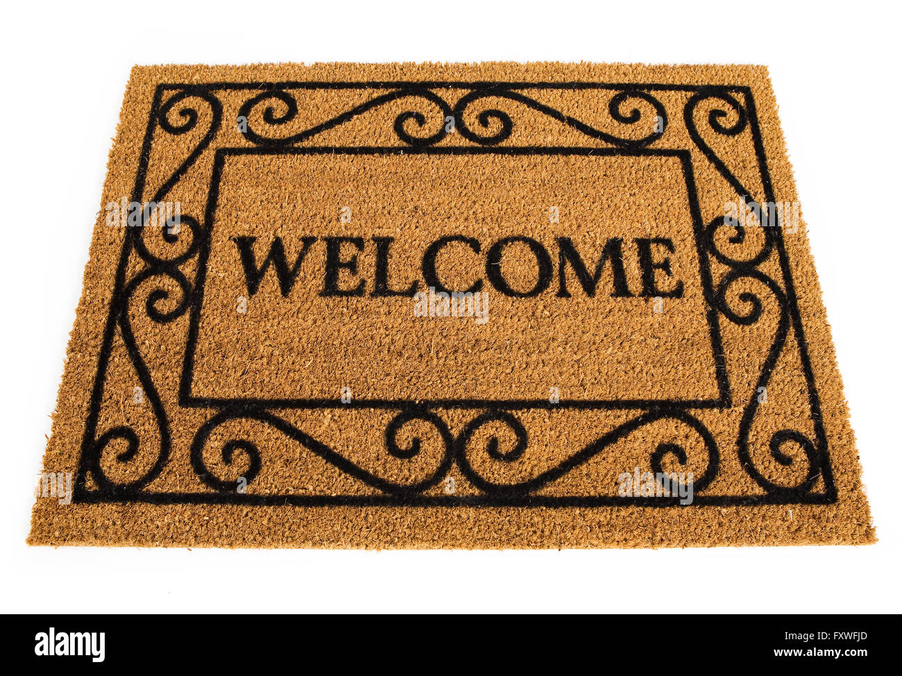 Isolated on white door mat with various messages. Stock Photo