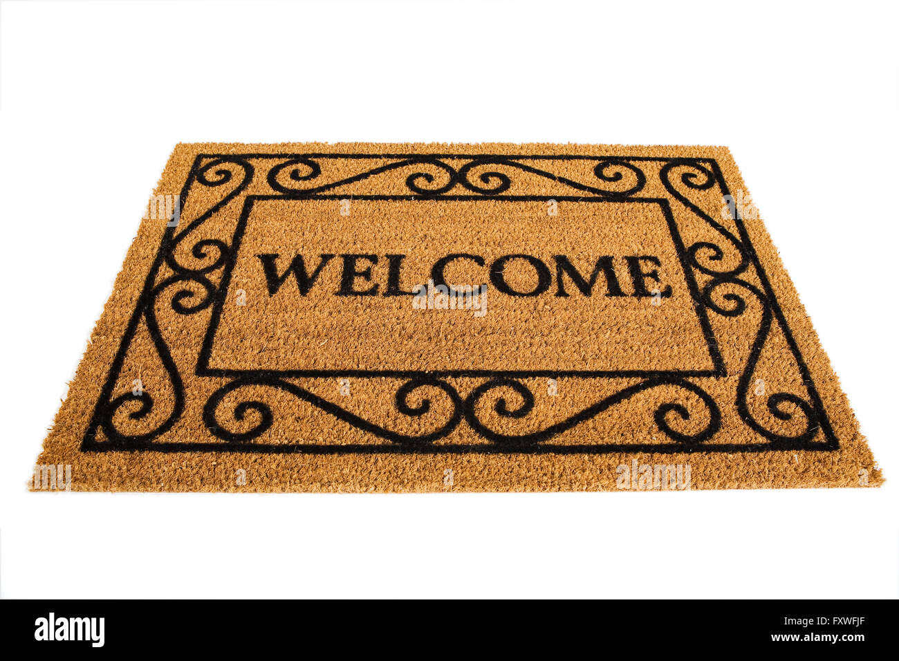 Isolated on white door mat with various messages. Stock Photo