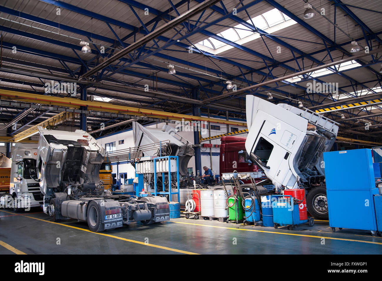 Turkish truck producer Tirsan has a huge truck repair hall where their trucks receive maintenance and repair Stock Photo