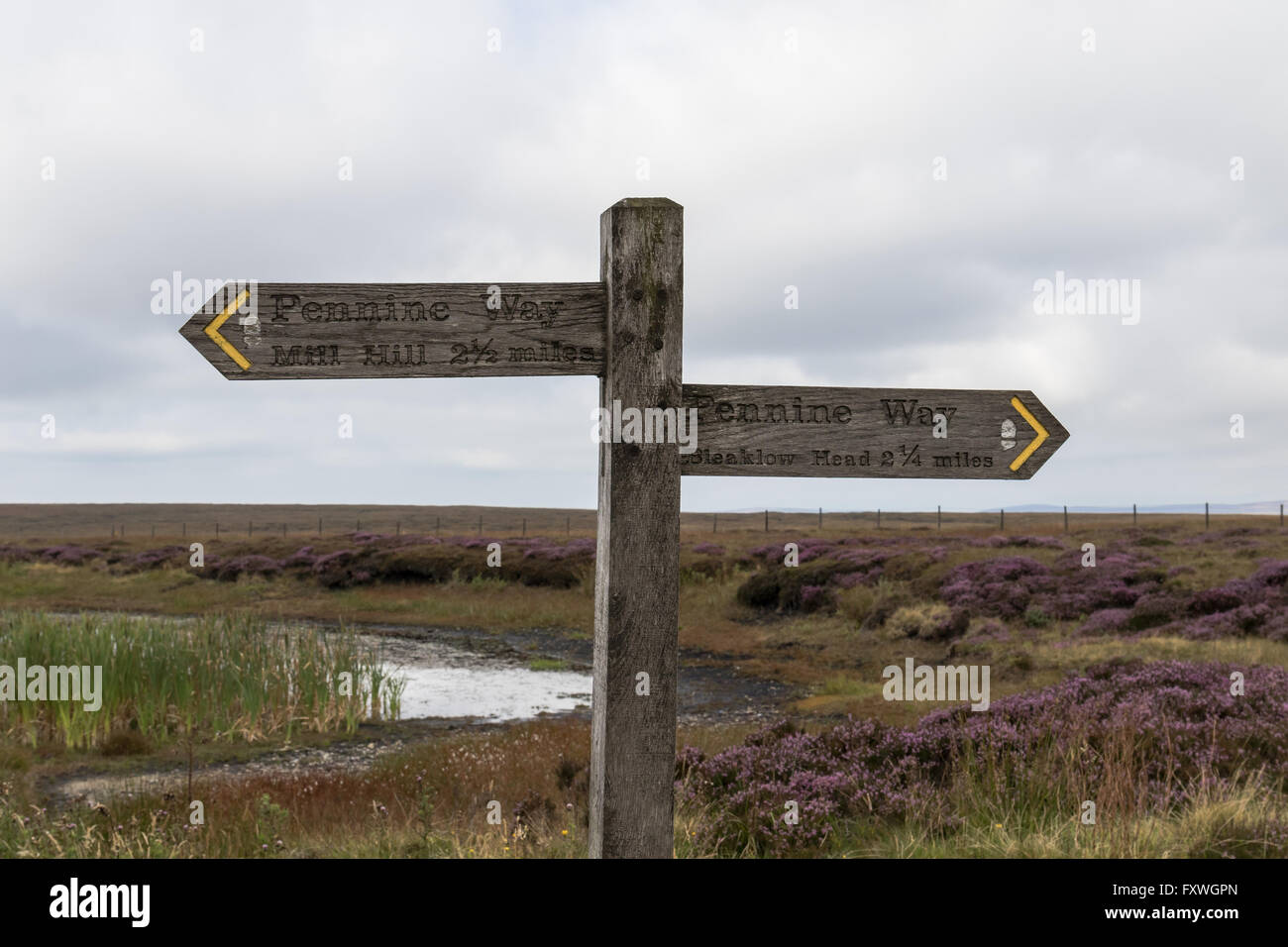 Pennine Way signpost at Snake Pass indicating way to Mill Hill and ...