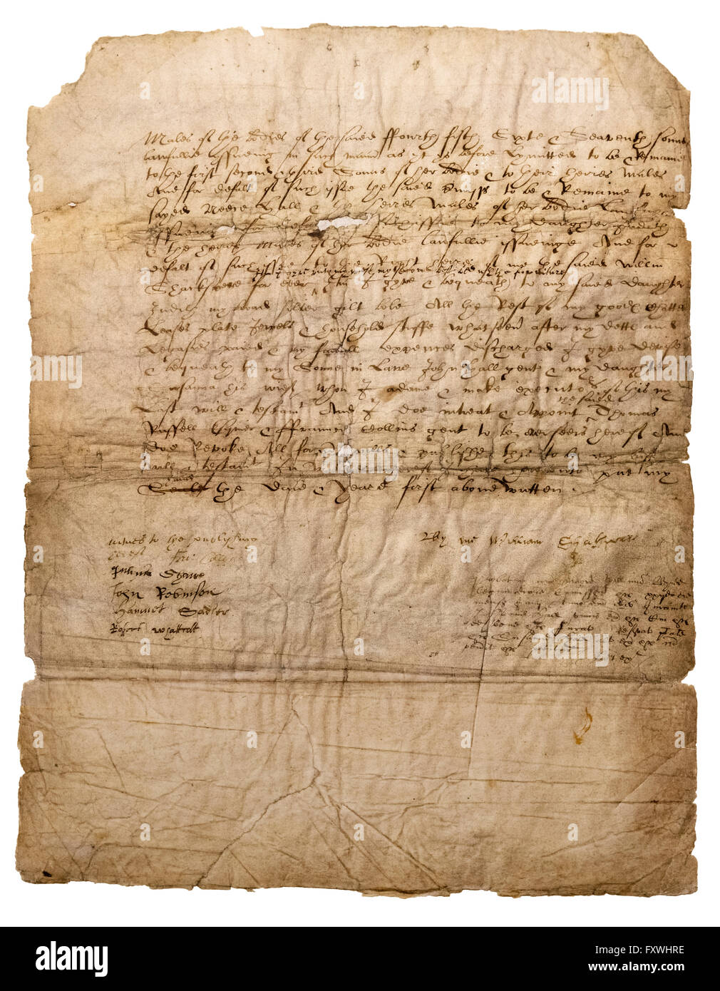 William Shakespeare's last will and testament (Page 3 of 3). His signature on the lower right of the will is one of the few surviving examples. Stock Photo