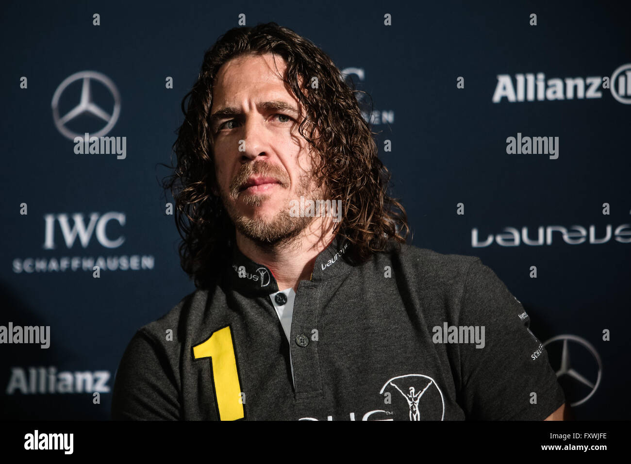 Berlin, Germany. 18th Apr, 2016. Former Spanish football player Carles Puyol attends a press conference prior to the 17th Laureus World Sports Award ceremony in Berlin, Germany, April 18, 2016. Credit:  Zhang Fan/Xinhua/Alamy Live News Stock Photo