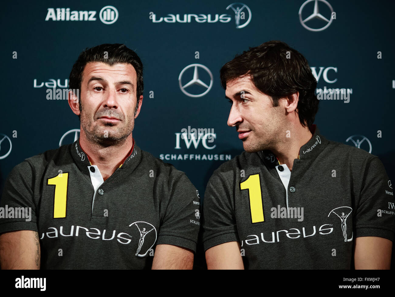 Berlin, Germany. 18th Apr, 2016. Former Portuguese football player Luis Figo (L) and Spain's football player Raul Gonzalez Blanco attend a press conference prior to the 17th Laureus World Sports Award ceremony in Berlin, Germany, April 18, 2016. Credit:  Zhang Fan/Xinhua/Alamy Live News Stock Photo