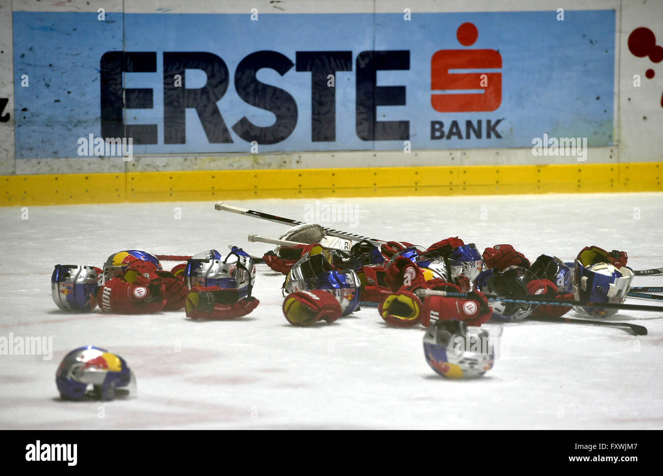 EC Red Bull Salzburg defended the title in Erste Bank Eishockey Liga (EBEL). The Austrians won on Tuesday final 6 in Znojmo, Czech Republic 4:3 and the series 4:2, April 12, 2016. Still life with Erste Bank advert and gloves and helmets after the match.(CTK Photo/Vaclav Salek) Stock Photo