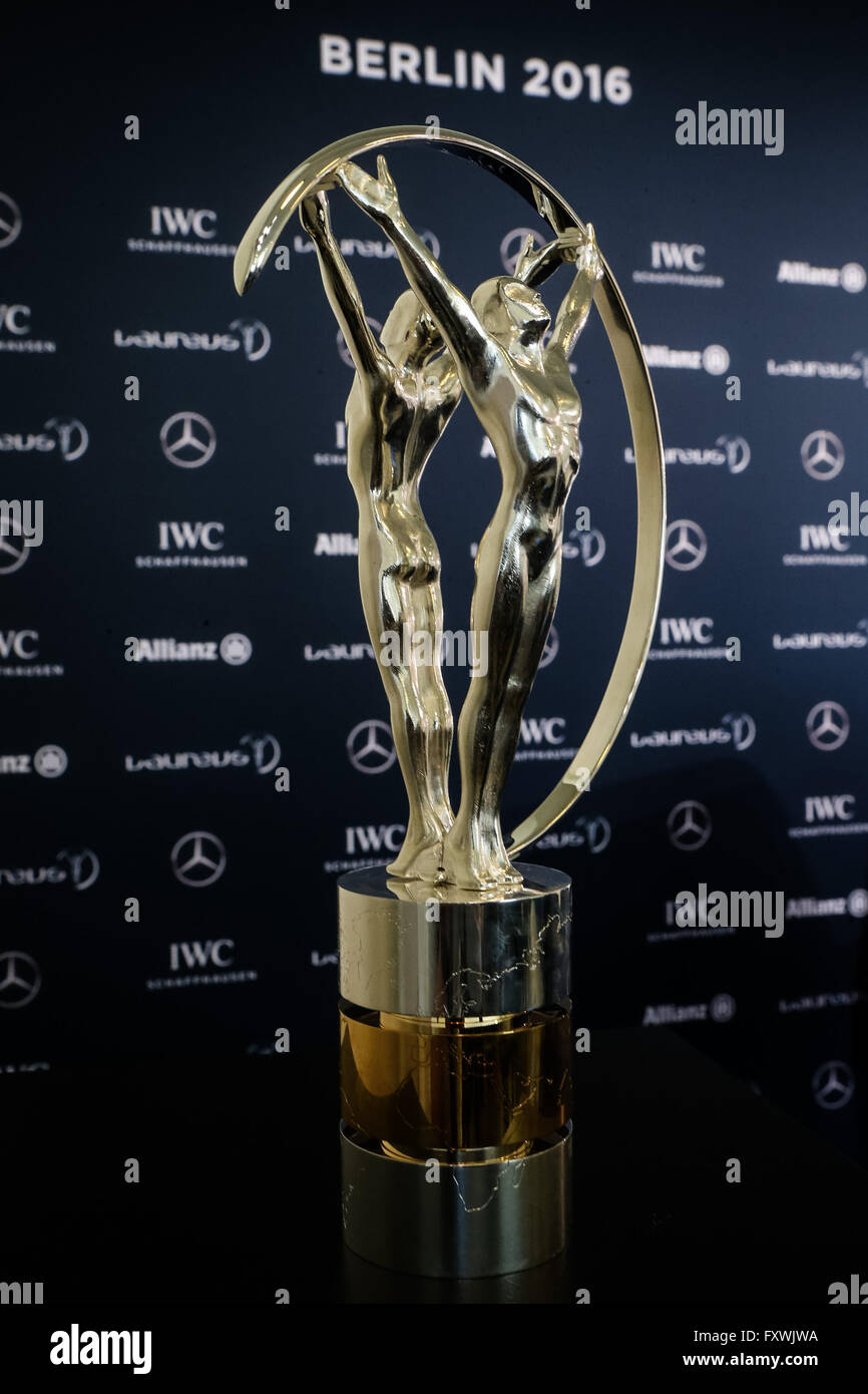 Berlin. 18th Apr, 2016. A trophy of the Laureus World Sports Award is seen prior to the Laureus
