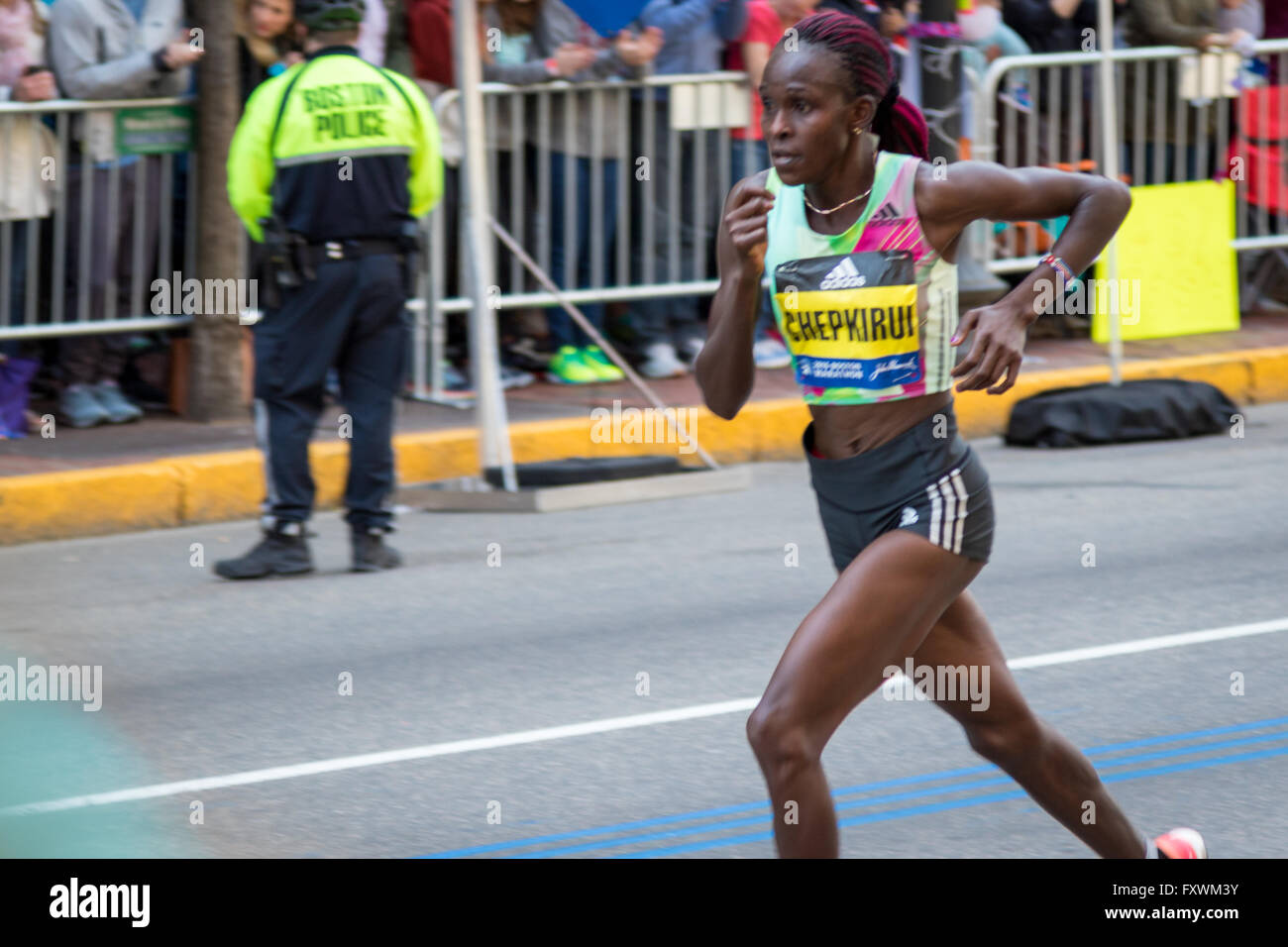 Boston, MA, USA. 18th April, 2016. Joyce Chepkirui of Kenya finishes 3rd in the Elite Women's field at the 2016 Boston Marathon. John Kavouris/Alamy Live News Stock Photo