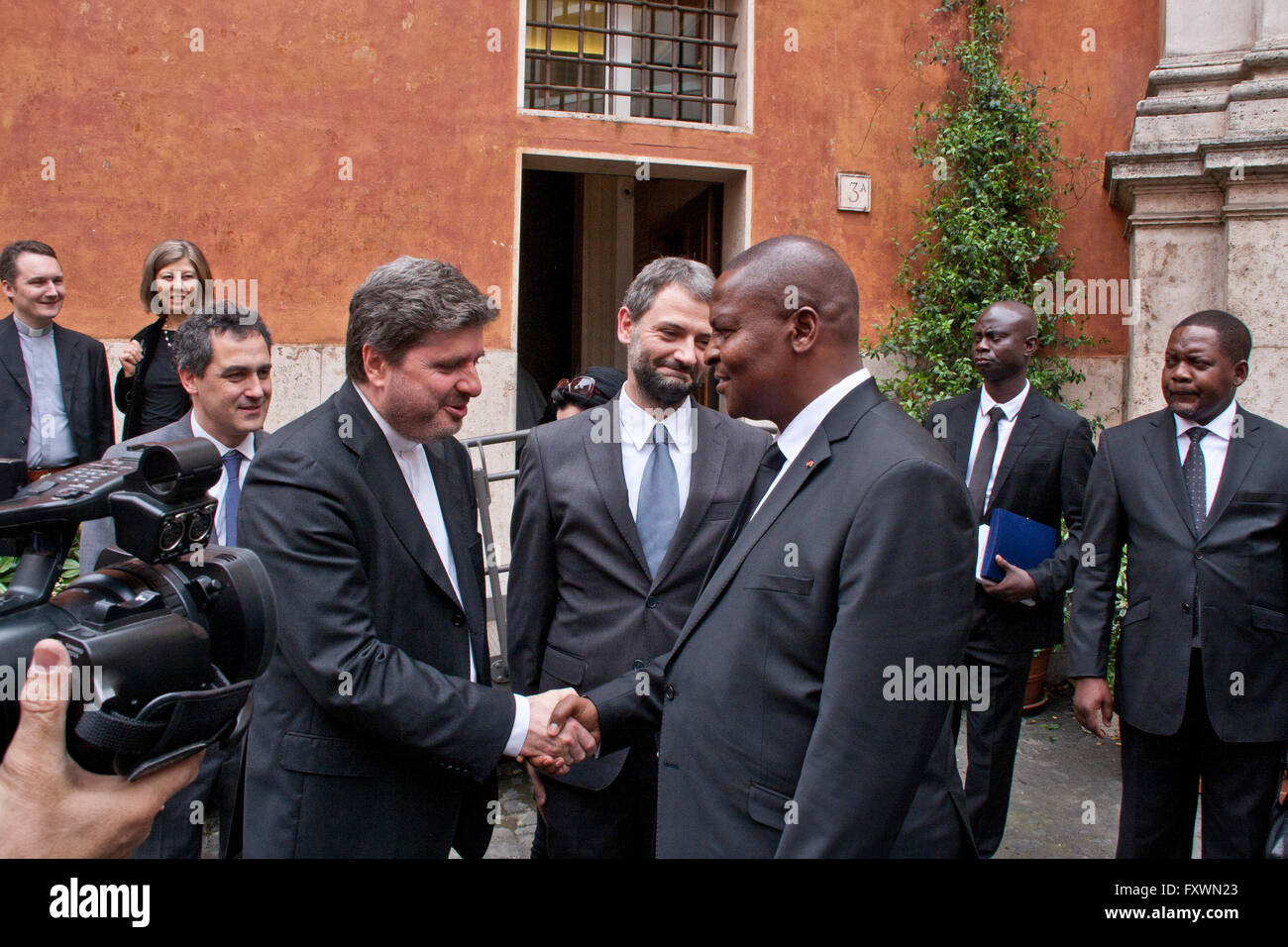Roma, Italy. 18th Apr, 2016. President of the Central African Republic, Faustin-Archange Touadéra, come on a visit to Rome to thank Pope Francis for accepting Syrian refugees. It's the first official visit of Touadéra in Italy. The President chose to visit the Community of Sant'Egidio, where Pope Francis houses some of Syrian refugee families. © Emiliano Grillo/Pacific Press/Alamy Live News Stock Photo