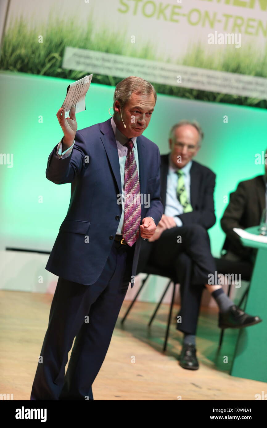 Stoke-On-Trent, Staffordshire, UK. 18th April, 2016. UKIP leader Nigel Farage addresses the crowd at a GO Movement Rally at Victoria Hall in support of the Leave Europe Brexit campaign. Credit:  Simon Newbury/Alamy Live News Stock Photo