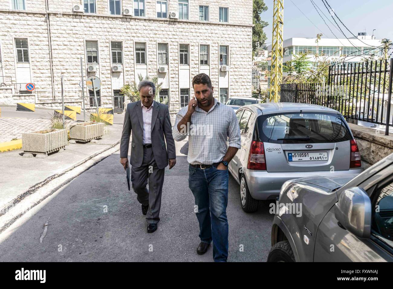 Beirut, Lebanon. 18th Apr, 2016. Father of abducted children and husband of Sally Faulkner, Ali Zeid al-Amin with his lawyer outside Baabda Court House where Sally Faulkner of Brisbane, Australia, and members of the Australian TV show '60 Minutes', a Nine Network production, are being held. They are being held after the abduction of her two children from the custody of her estranged husband, Ali Zeid al-Amin, a surfing instructor who lives south of the Lebanese capital, Beirut. Tara Brown, the presenter famous from 60 Minutes, reporter Stephen Rice, cameraman Ben Williamson and sound recor Stock Photo