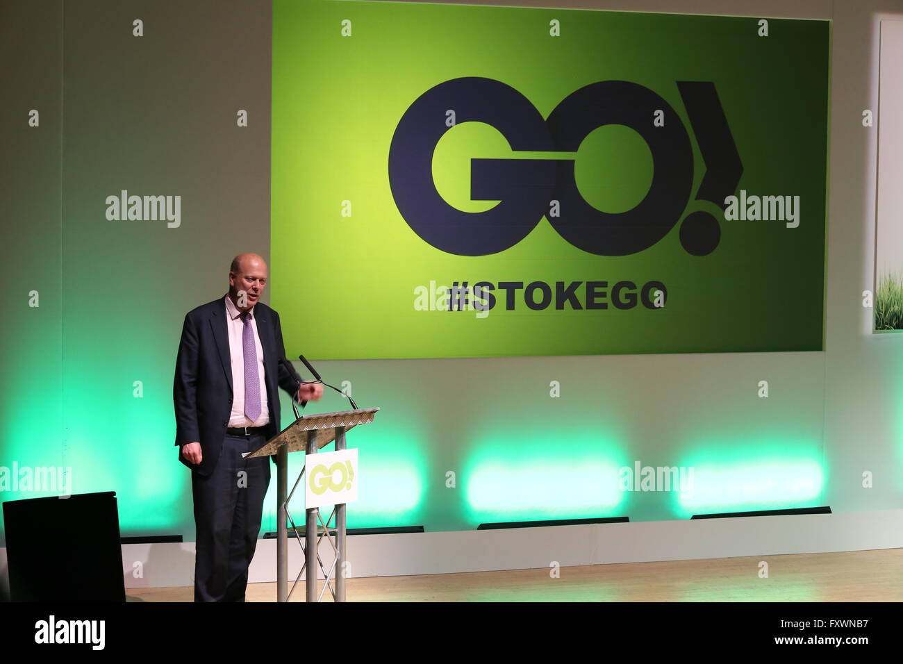 Stoke-On-Trent, Staffordshire, UK. 18th April, 2016. Conservate Cabinet Minister Chris Grayling MP addresses the crowd at a GO Movement Rally at Victoria Hall in support of the Leave Europe Brexit campaign. Credit:  Simon Newbury/Alamy Live News Stock Photo