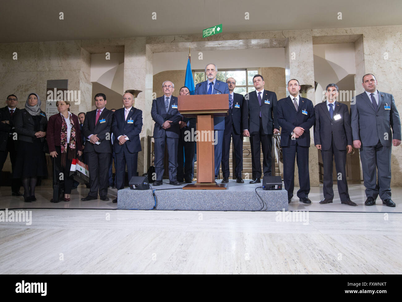 Geneva, Switzerland. 18th Apr, 2016. Head of the Syrian government delegation Bashar Jaafari(front) addresses the media at Palais des Nations in Geneva, Switzerland, April 18, 2016. UN Special Envoy for Syria Staffan de Mistura on Monday said that the main Syrian opposition delegation, the High Negotiation Committee or HNC, is intending to suspend their formal presence to the ongoing peace talks in the UN headquarters of the Palace des Nations, but will remain staying in Geneva for technical discussions. Credit:  Xu Jinquan/Xinhua/Alamy Live News Stock Photo