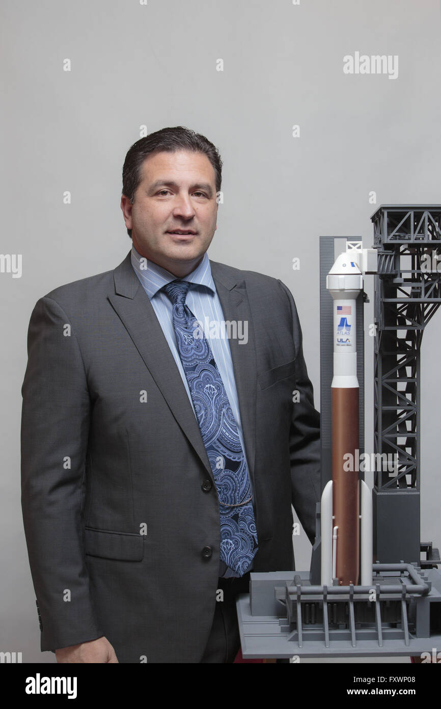 Colorado Springs, Colorado, USA. 12th Apr, 2016. Gary L. Wentz is vice president, Human Launch Services for United Launch Alliance (ULA) stands for a photograph with a model of the Atlas V at the 32nd Space Symposium in Colorado Springs, Colorado, U.S., on Tuesday, April 12, 2016. © Matthew Staver/ZUMA Wire/Alamy Live News Stock Photo