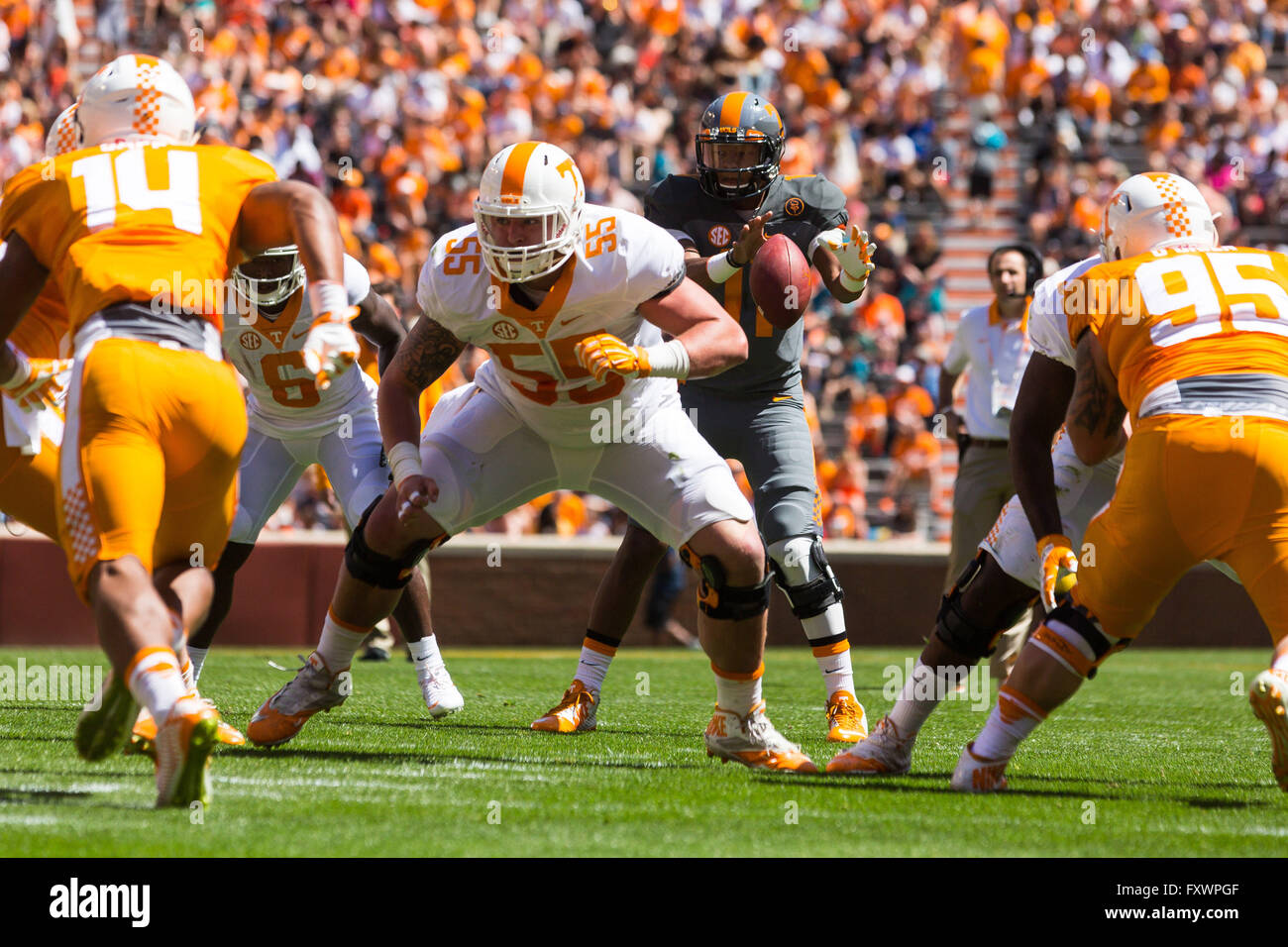 April 16, 2016: Coleman Thomas #55 of the Tennessee Volunteers snaps the ball during the University of Tennessee Orange and White intrasquad scrimmage at Neyland Stadium in Knoxville, TN Tim Gangloff/CSM Stock Photo