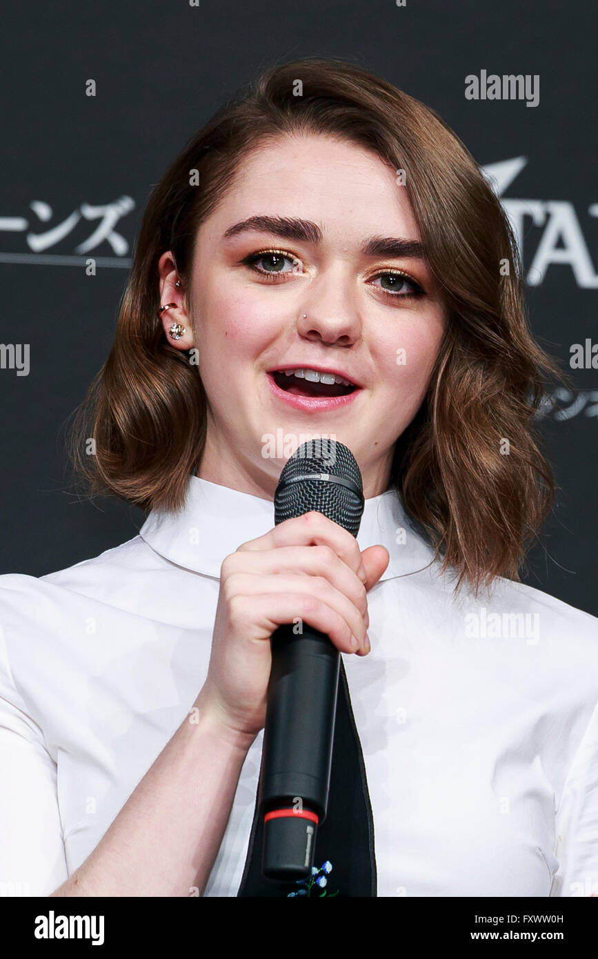 Tokyo, Japan. 19th April, 2016. British actress Maisie Williams (19) speaks during a promotional event for the TV Series Games of Thrones Season VI (The Winds of Winter) on April 19, 2016, Tokyo, Japan. The sixth season of the American fantasy drama will be released on HBO Now and HBO GO on Sunday April 24 and in Japan on April 25 through BS10 Star Channel. International media has reported that US President Barack Obama received an early copy of the sixth season from the creators, and Williams jokingly commented that this was unfair. Credit:  Rodrigo Reyes Marin/AFLO/Alamy Live News Stock Photo