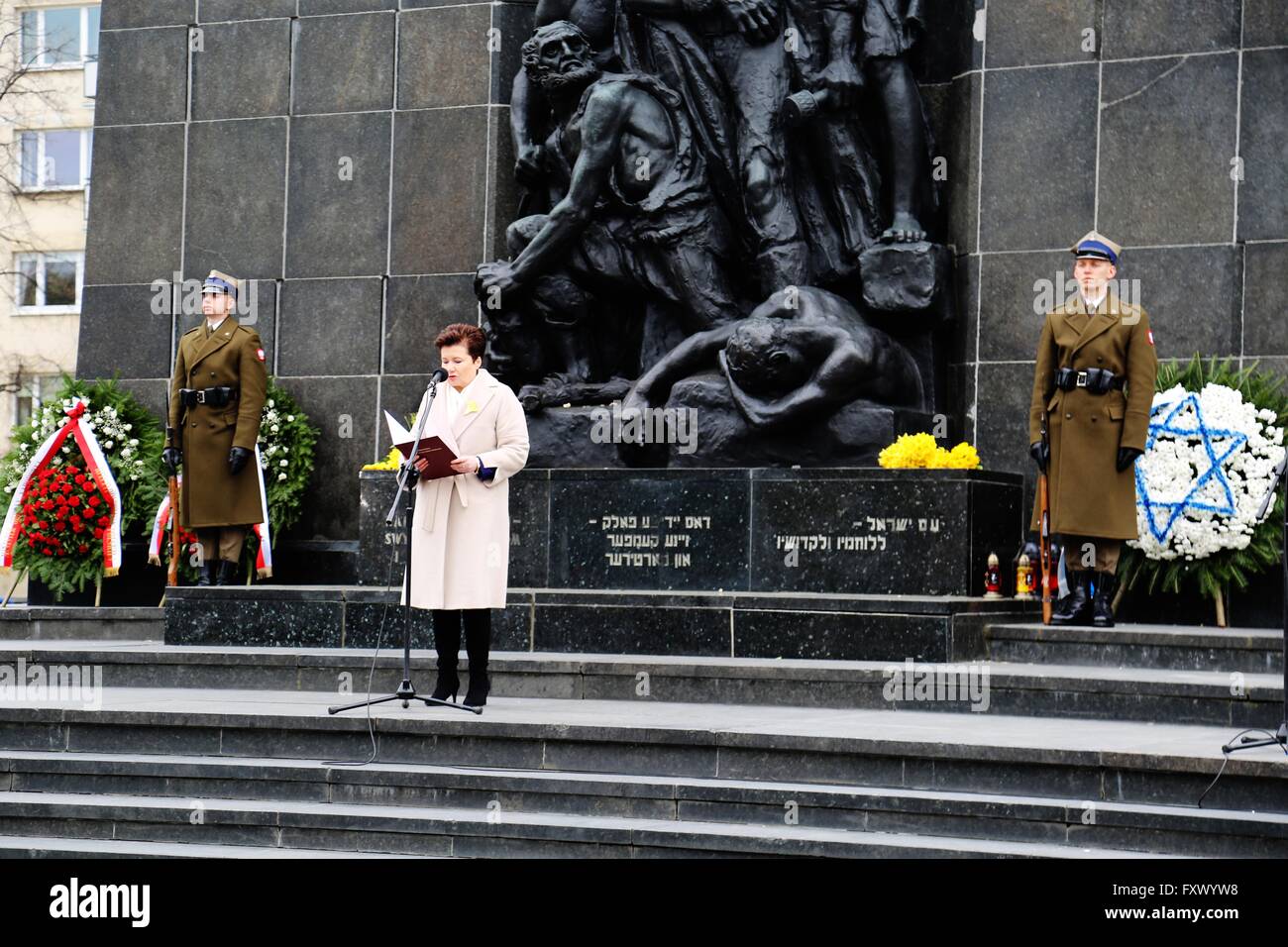 Warsaw, Poland. 19th April, 2016. Warsaw city's Mayor, Hanna Gronkiewicz-Waltz spoke during during the 73rd anniversary of the Warsaw Ghetto Uprising in front of the Ghetto Heroes Monument in Warsaw, Poland. Various representatives including Polish-Jewish organizations, members of the state and local governments, ambassadors, as well as those who are "Righteous Among Nations" attended the anniversary. Credit:  PACIFIC PRESS/Alamy Live News Stock Photo