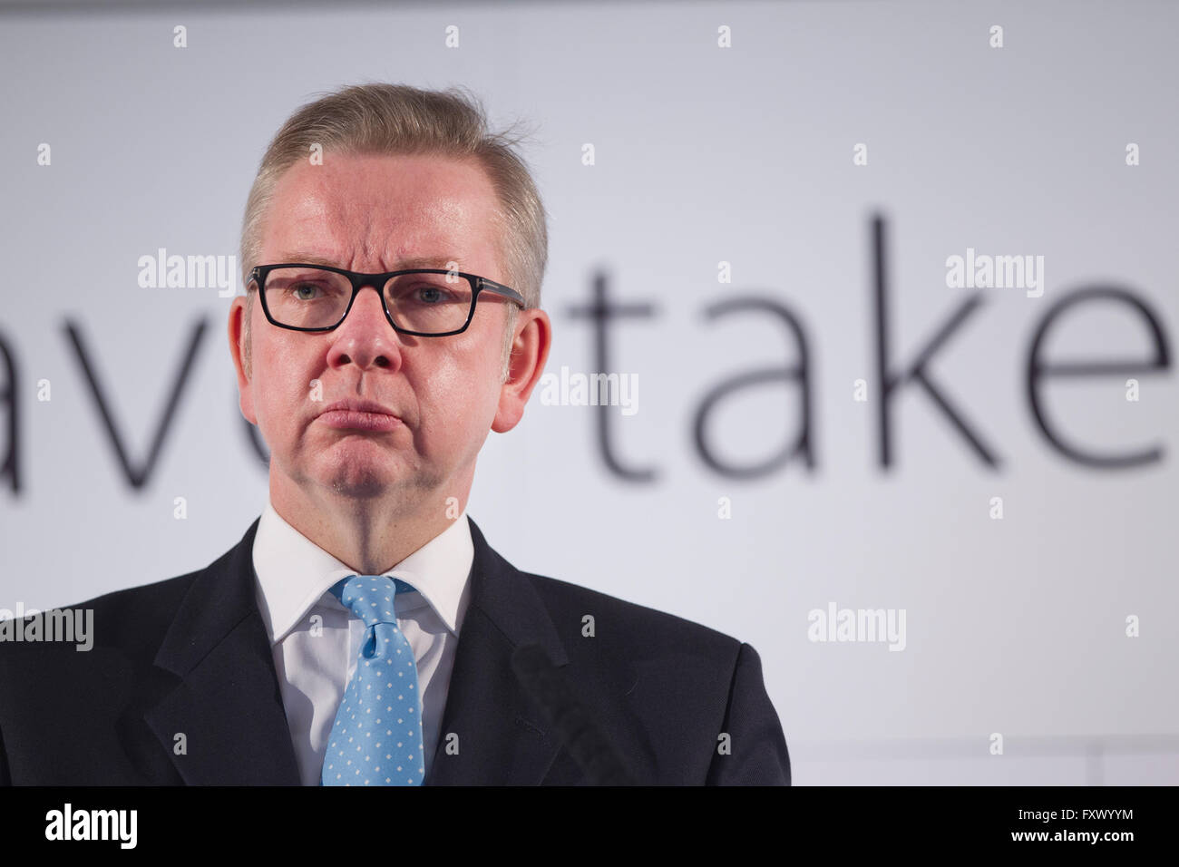 Westminster Tower, 3 Albert Embankment, Lambeth 19th April 2016 Michael Gove, the UK  Justice Secretary today made the case for why Britain should leave the EU. Vote Leave supporter Michael Gove today made a major speech entitled: ‘The facts of life say Leave’. Speaking in the first week of the official campaign, the Justice Secretary made the case for why Britain and Europe will both be better off if we Vote Leave. Credit:  Jeff Gilbert/Alamy Live News Stock Photo