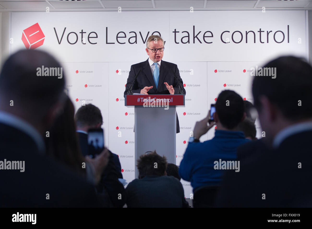 Westminster Tower, 3 Albert Embankment, Lambeth 19th April 2016 Michael Gove, the UK  Justice Secretary today made the case for why Britain should leave the EU. Vote Leave supporter Michael Gove today made a major speech entitled: ‘The facts of life say Leave’. Speaking in the first week of the official campaign, the Justice Secretary made the case for why Britain and Europe will both be better off if we Vote Leave. Credit:  Jeff Gilbert/Alamy Live News Stock Photo