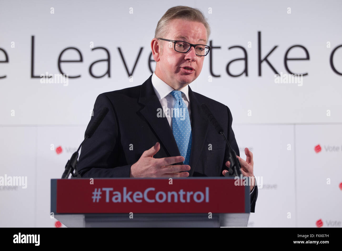 Westminster Tower, 3 Albert Embankment, Lambeth 19th April 2016 Michael Gove, the UK  Justice Secretary today made the case for why Britain should leave the EU. Vote Leave supporter Michael Gove today made a major speech entitled: ‘The facts of life say Leave’. Speaking in the first week of the official campaign, the Justice Secretary made the case for why Britain and Europe will both be better off if we Vote Leave. Credit:  Jeff Gilbert/Alamy Live News Stock Photo