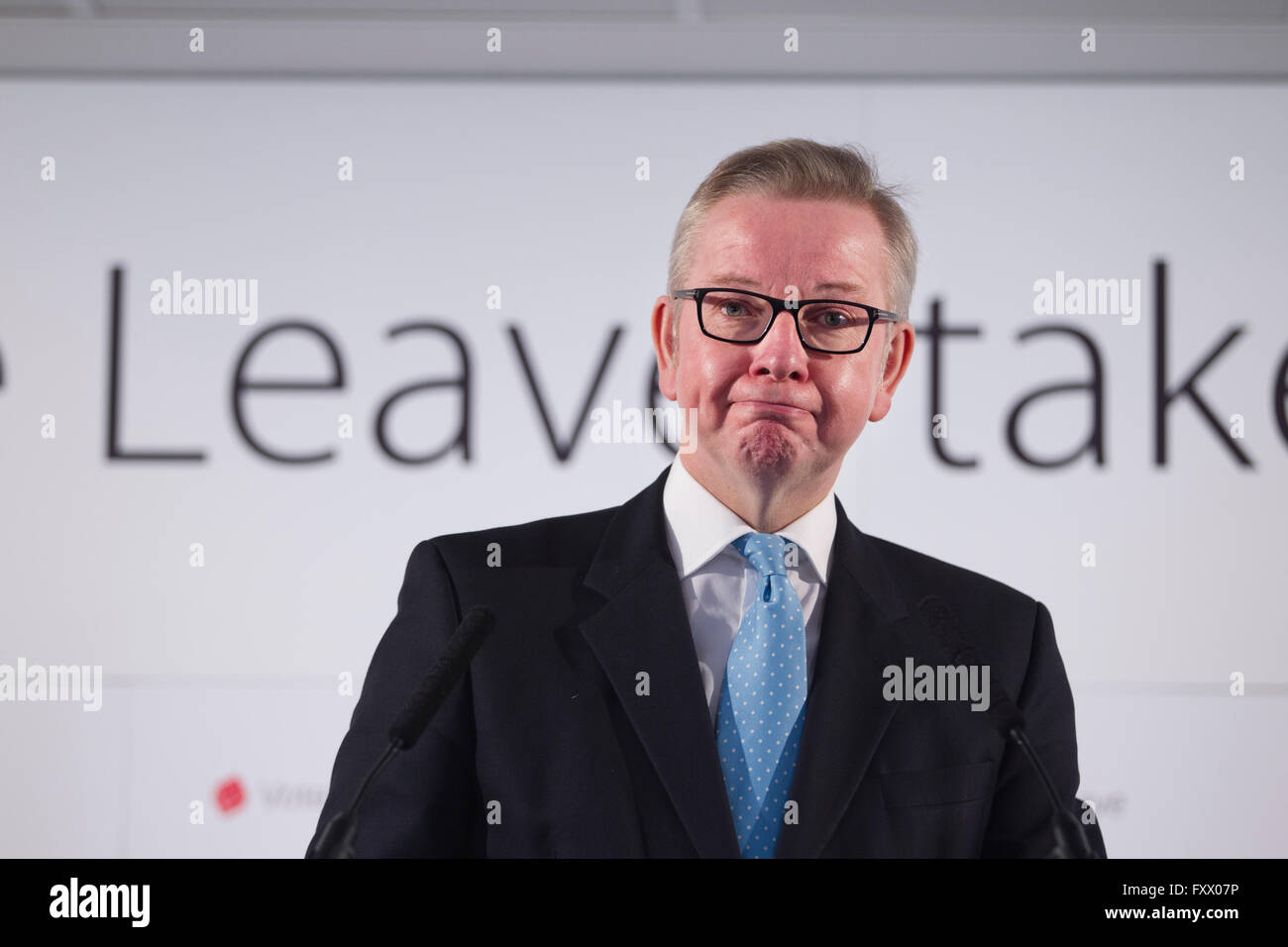 Westminster Tower, 3 Albert Embankment, Lambeth 19th April 2016 Michael Gove, the UK  Justice Secretary today made the case for why Britain should leave the EU. Vote Leave supporter Michael Gove today made a major speech entitled: ‘The facts of life say Leave’. Speaking in the first week of the official campaign, the Justice Secretary made the case for why Britain and Europe will both be better off if we Vote Leave. Credit:  Jeff Gilbert/Alamy Live News Stock Photo