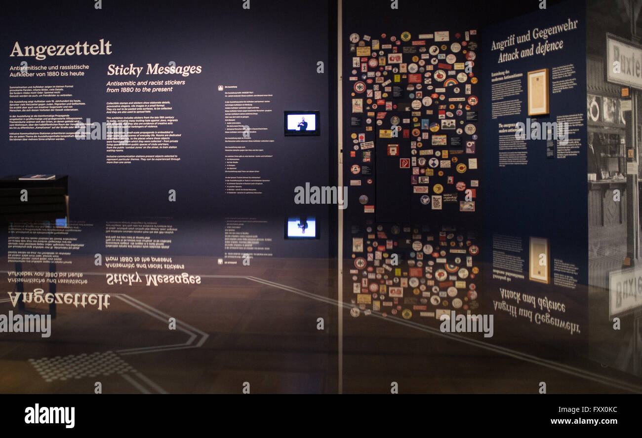 Berlin, Germany. 19th Apr, 2016. View of the exhibition 'Angezettelt - Anti-Semitic and Racist Stickers from 1880 Until Today' in Berlin, Germany, 19 April 2016. The exhibition can be seen from 20 April until 31 July 2016 at the German Historical Museum. PHOTO: SOPHIA KEMBOWSKI/dpa/Alamy Live News Stock Photo