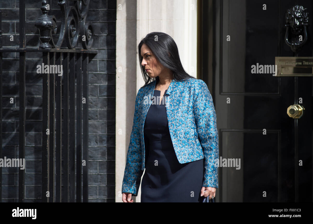 10 Downing Street, London, UK. 19th April, 2016. Minister of State for Employment Priti Patel MP leaves 10 Downing Street after weekly Cabinet Meeting. In November 2017 she resigned as Secretary of State for International Development following newspaper disclosures. Credit: Malcolm Park/Alamy Live News. Stock Photo