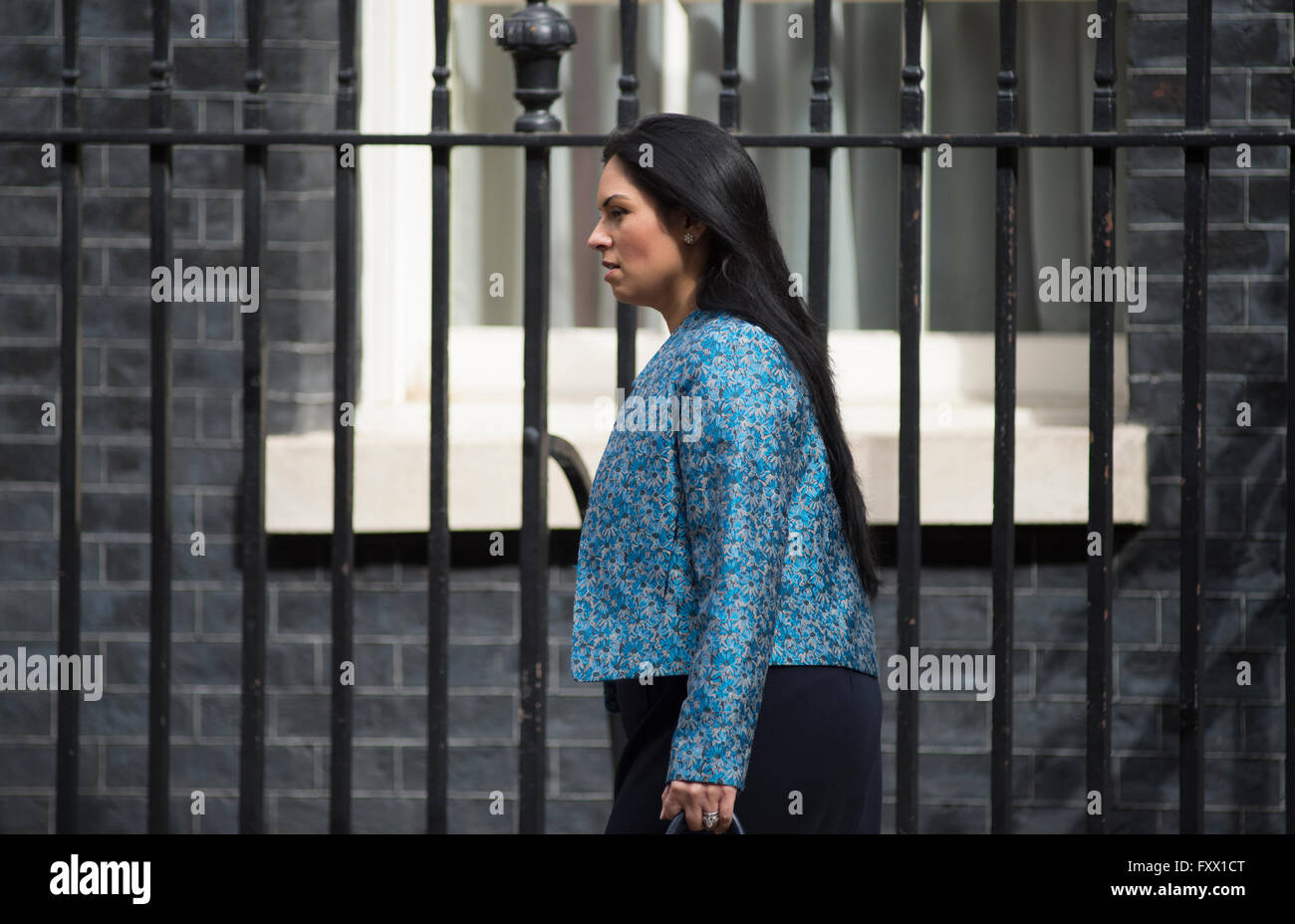 10 Downing Street, London, UK. 19th April, 2016. Minister of State for Employment Priti Patel MP leaves Downing Street after weekly Cabinet Meeting. In November 2017 she resigned as Secretary of State for International Development following newspaper disclosures. Credit: Malcolm Park/Alamy Live News. Stock Photo