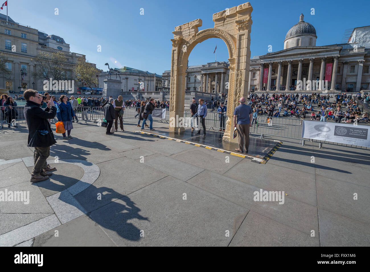 London, UK. 19th April, 2016. Arch of Triumph - A replica of a Syrian monument, two millennia old and destroyed by so-called Islamic State in Syria, has been erected in London's Trafalgar Square. The scale model of the Arch of Triumph has been made from Egyptian marble by the Institute of Digital Archaeology (IDA) using 3D technology, based on photographs of the original arch. The original arch was built by the Romans. The two-thirds scale model will be on display at Trafalgar Square for three days before moving to other locations around the world, Credit:  Guy Bell/Alamy Live News Stock Photo