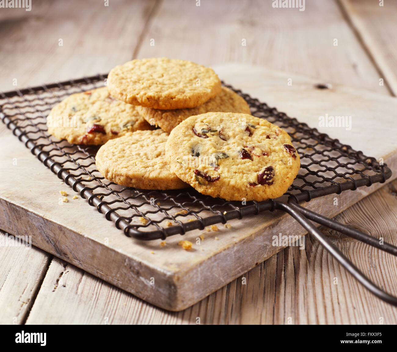 Oats and dried fruit cookies on baking rack Stock Photo