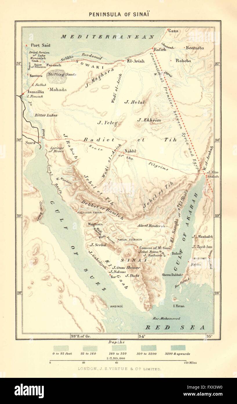 Peninsula of Sinai c1885 old antique vintage map plan chart EGYPT 