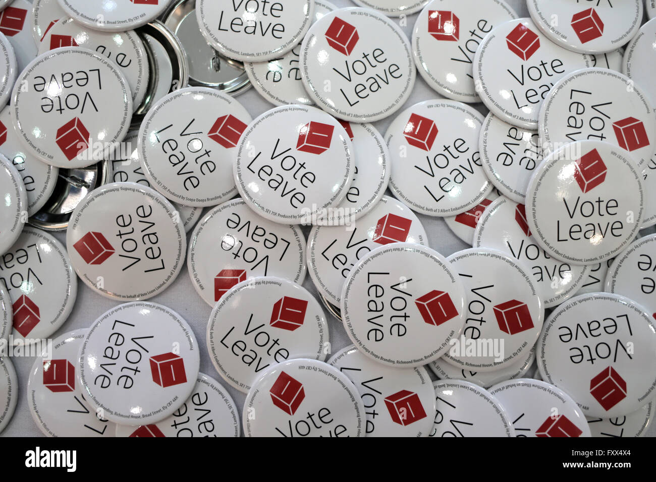 Newcastle Upon Tyne, TYNE AND WEAR/UK - APRIL 16th 2016 - Vote Leave badges at a speech by Mayor of London Boris Johnson. Stock Photo