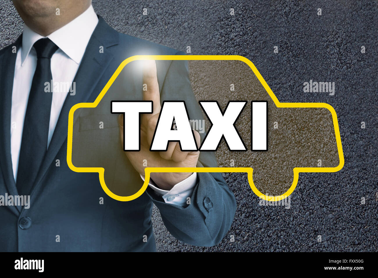 taxi car touchscreen is operated by businessman concept. Stock Photo