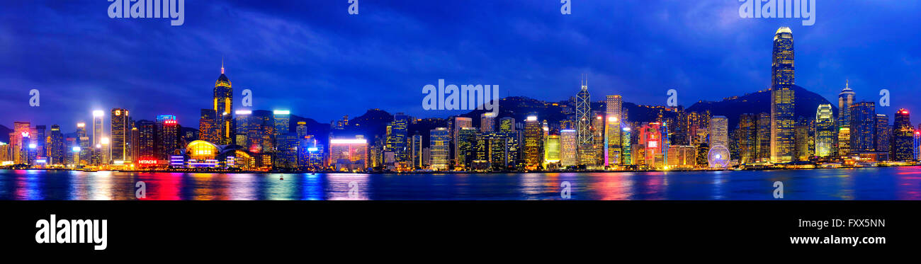 Panoramic view of the Hong Kong island skyline from Victoria Harbour, Hong Kong, China Stock Photo