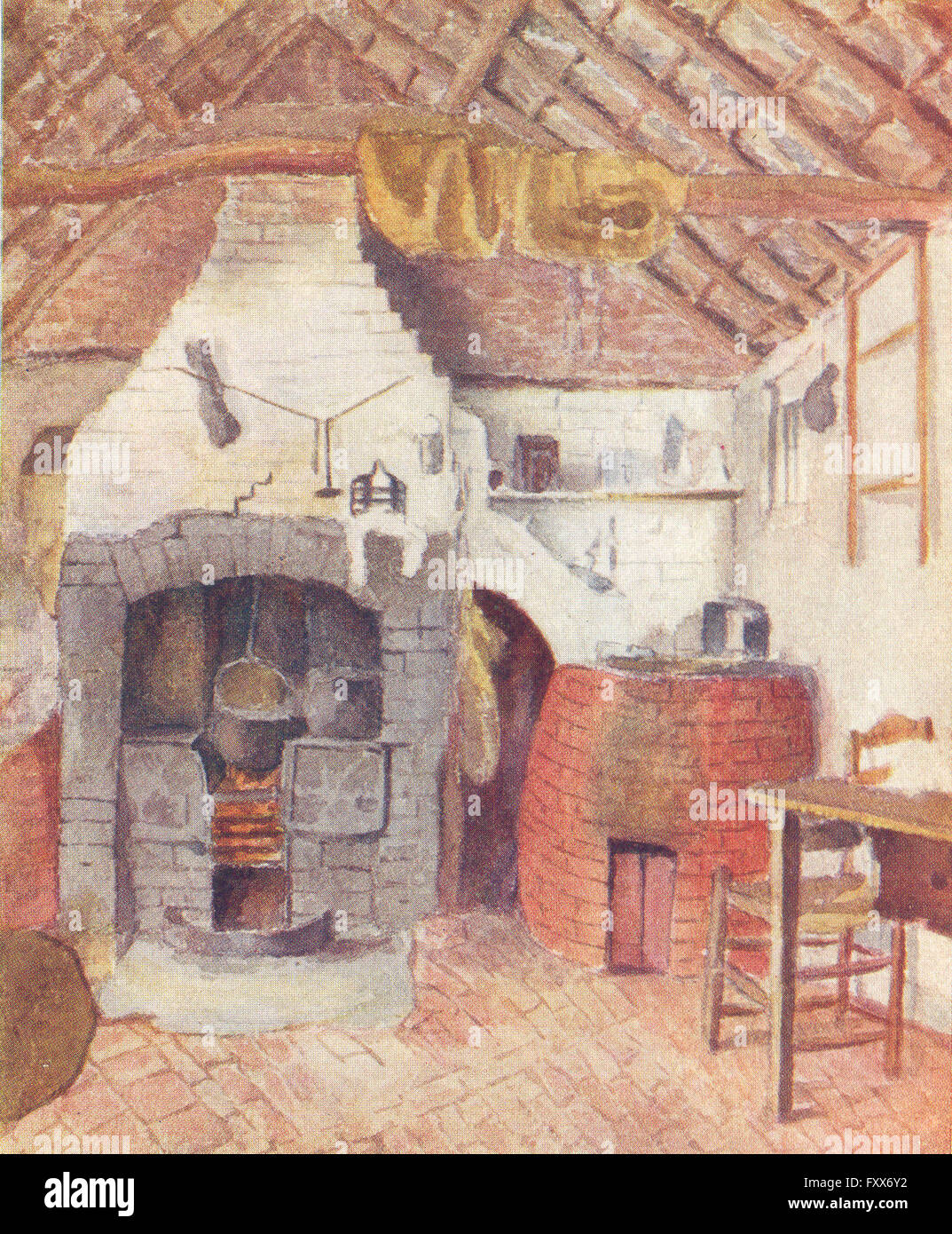 KATE GREENAWAY: Chappell Cottage Rolleston-Kitchen, antique print 1905 Stock Photo