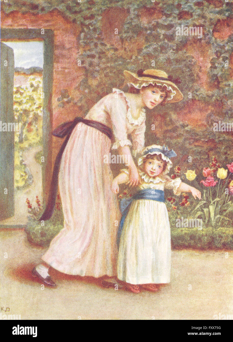 KATE GREENAWAY: 2 Girls in a garden, antique print 1905 Stock Photo