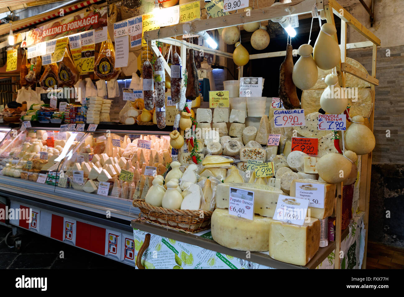 cheeses for sale in Catania Market Stock Photo