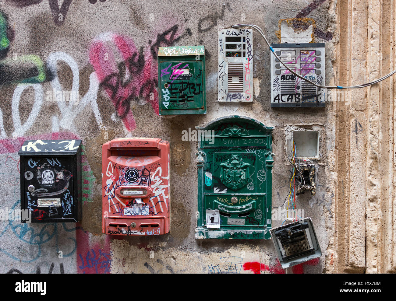 Old post and communications terminals in Catania Sicily with graffiti Stock Photo