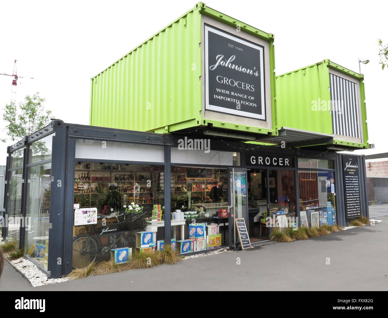 Restart, - Container city in Christchurch, South Island, New Zealand. Created after the devastating earthquake of 22nd February Stock Photo