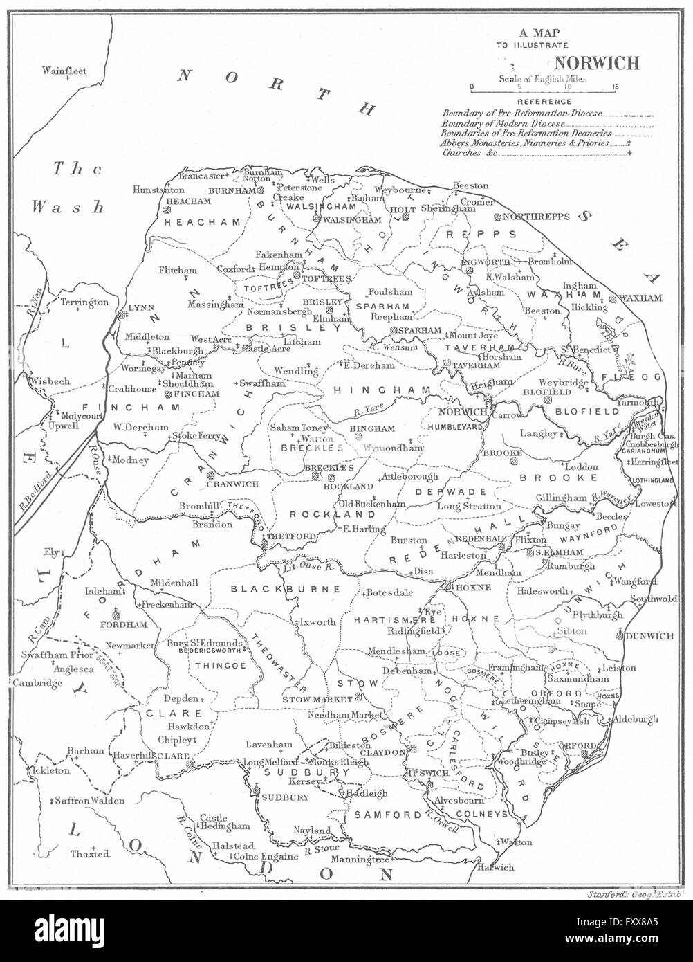 DIOCESE OF NORWICH: Parishes Abbeys Churches Monasteries. NORFOLK, 1897 map Stock Photo