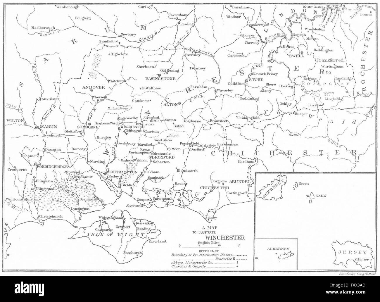 DIOCESE OF WINCHESTER: Abbeys Churches Monasteries. HAMPSHIRE, 1897 old map Stock Photo