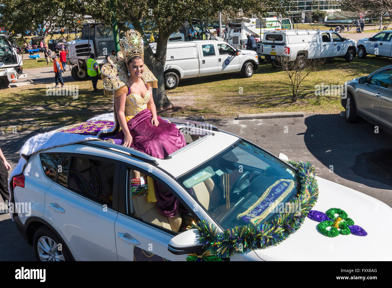 Parade queen, part of Mardi Gras royalty during family friendly Mardi