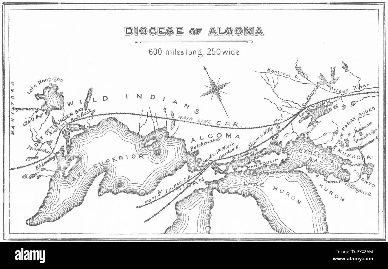ANGLICAN DIOCESE OF ALGOMA: Great Lakes. Ontario, 1897 antique map Stock Photo