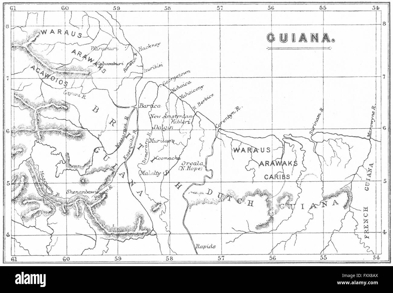 GUYANA: Tribes tribal. Arawaks Waraus Caribs Acawoios, 1897 antique map Stock Photo