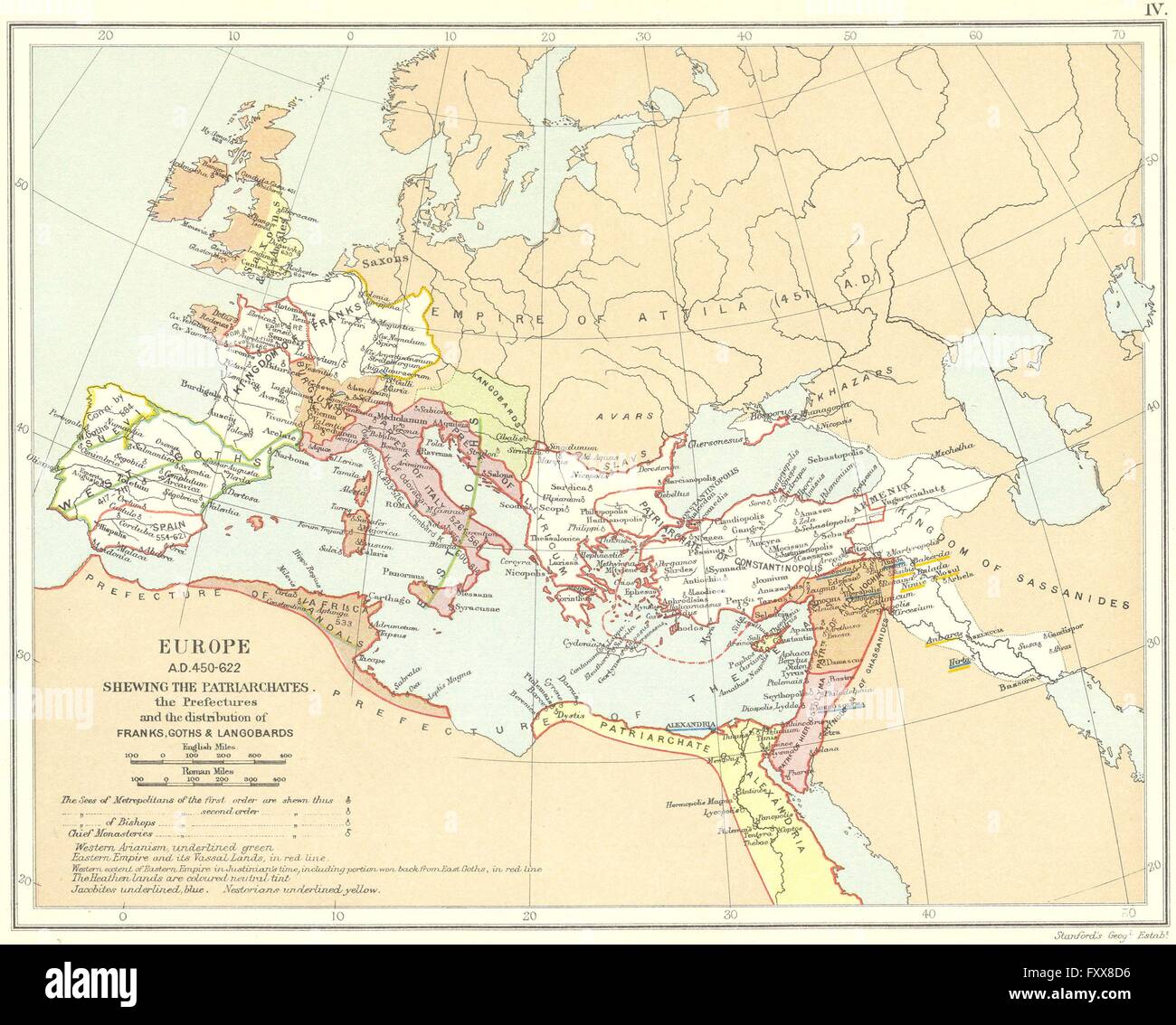 RELIGIOUS EUROPE 450-622AD:Patriarchates Sees.Franks Goths Langobards, 1897 map Stock Photo