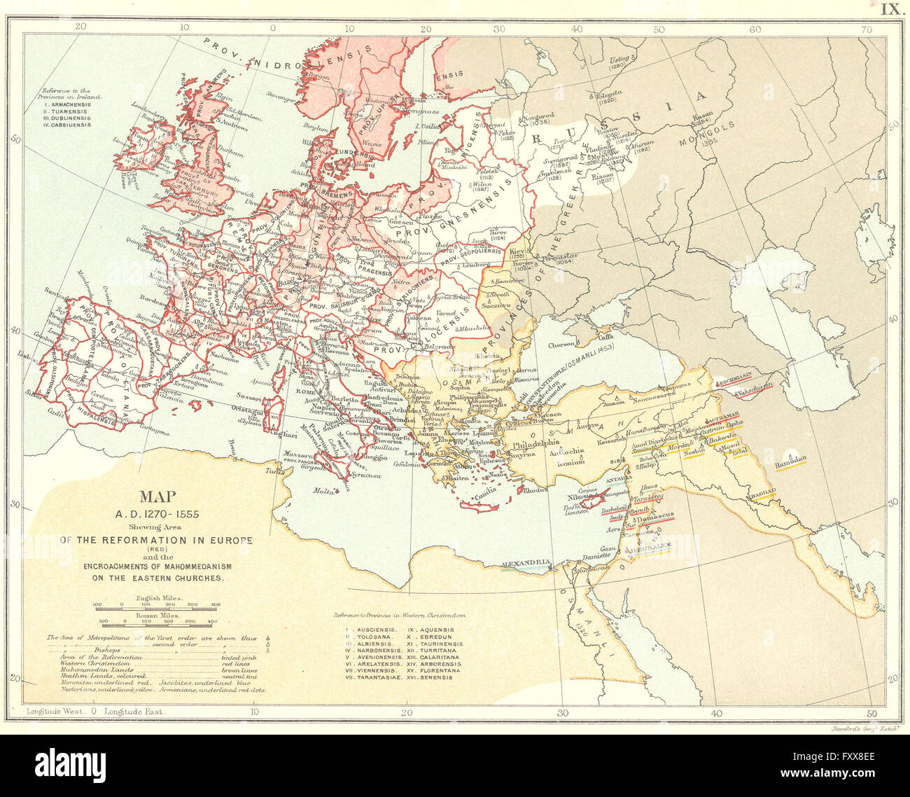 PROTESTANT REFORMATION: Europe 1270-1555. Encroachments of Islam, 1897 old map Stock Photo