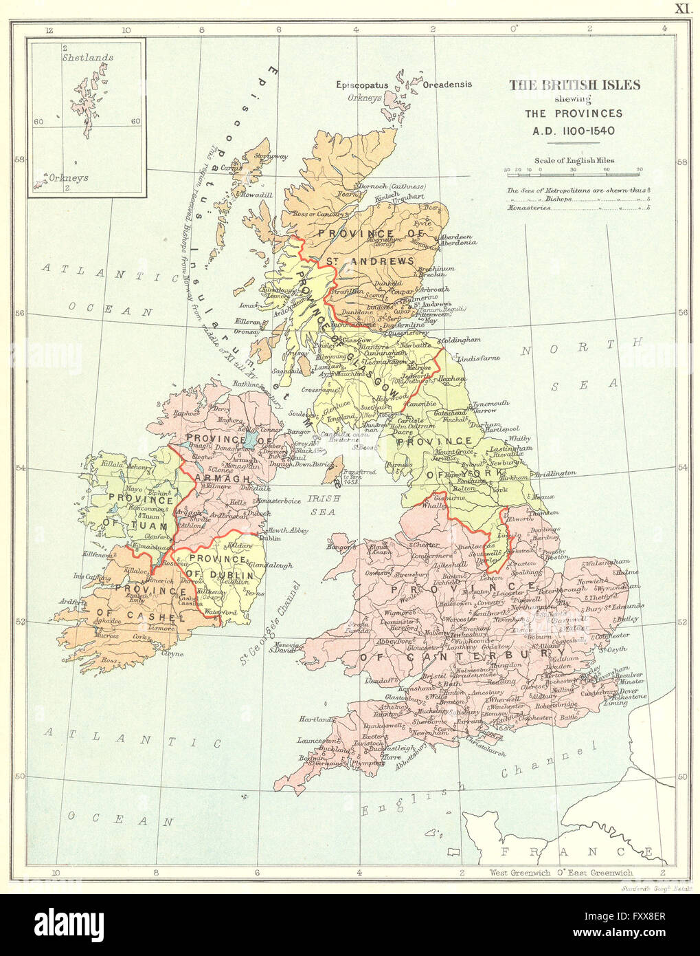 BRITISH ISLES ECCLESIASTICAL 1100-1540AD: Showing provinces. Church, 1897 map Stock Photo