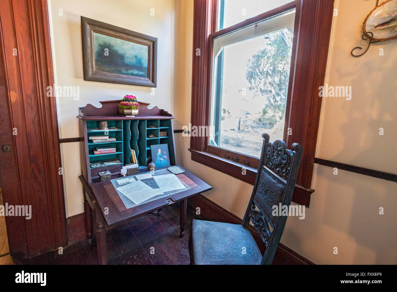 Office desk with original letters, Ardoyne Plantation, one of most ornate examples of Southern Gothic architecture in Louisiana Stock Photo