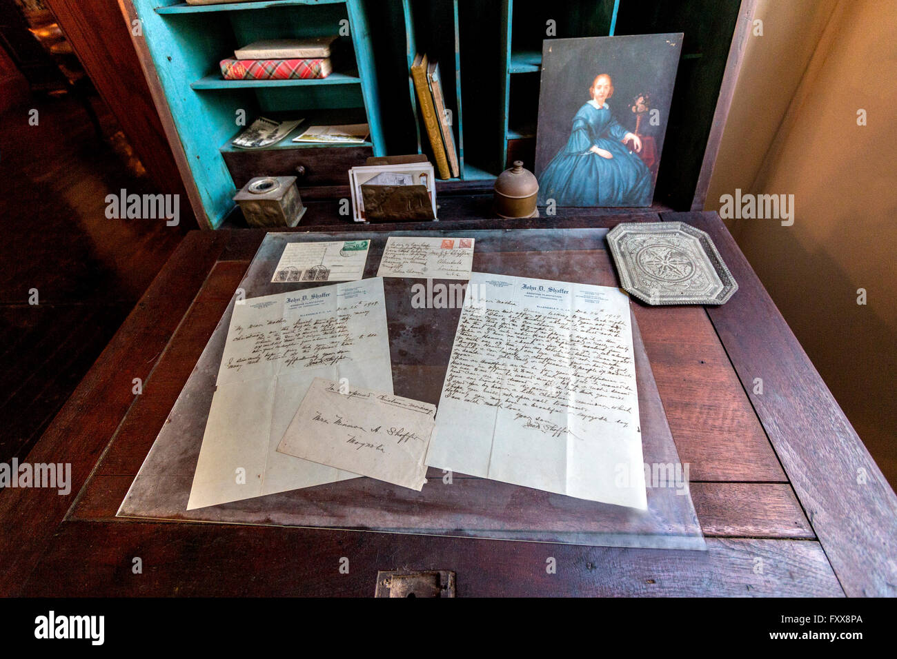 Office desk with original letters, Ardoyne Plantation, one of most ornate examples of Southern Gothic architecture in Louisiana Stock Photo