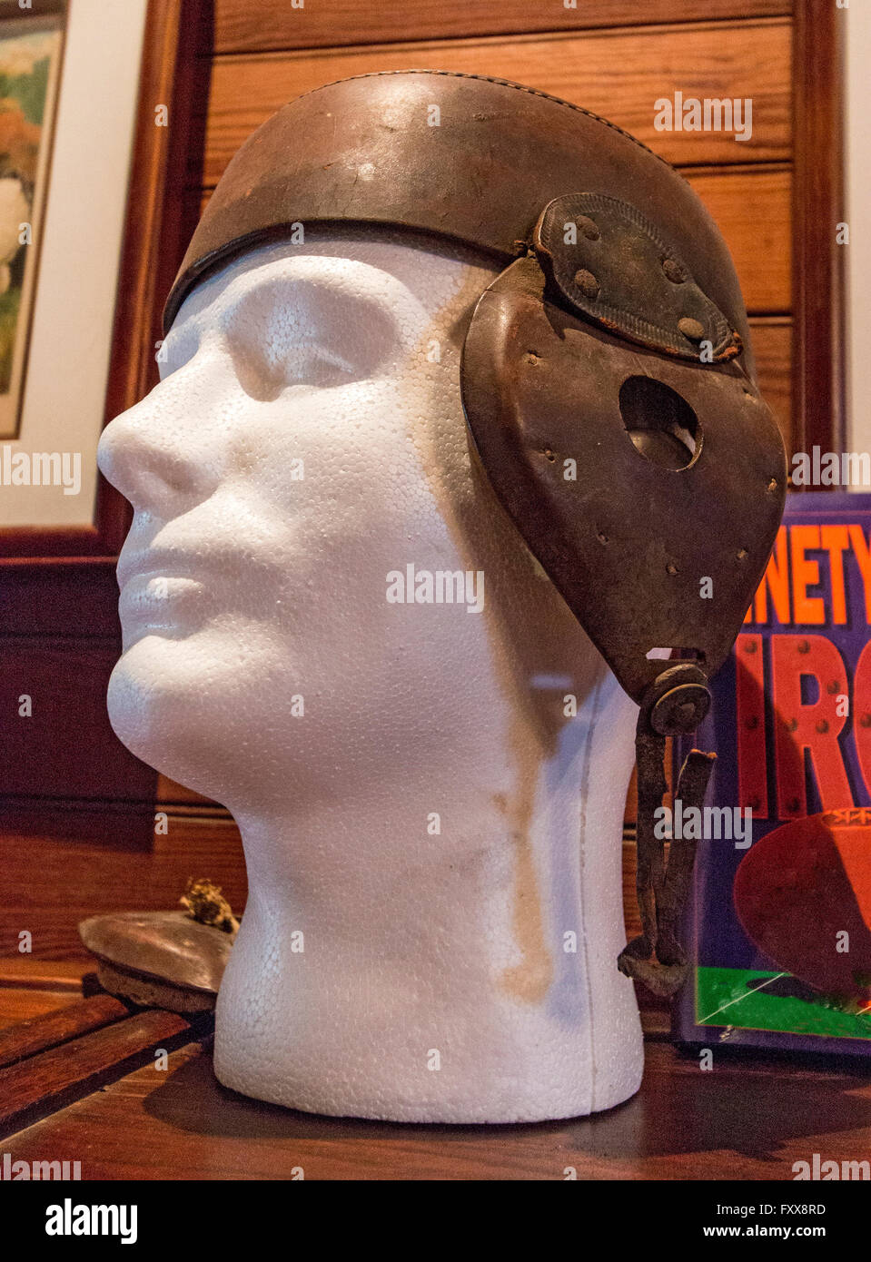Circa 1899 leather football helmet. Stock Photo