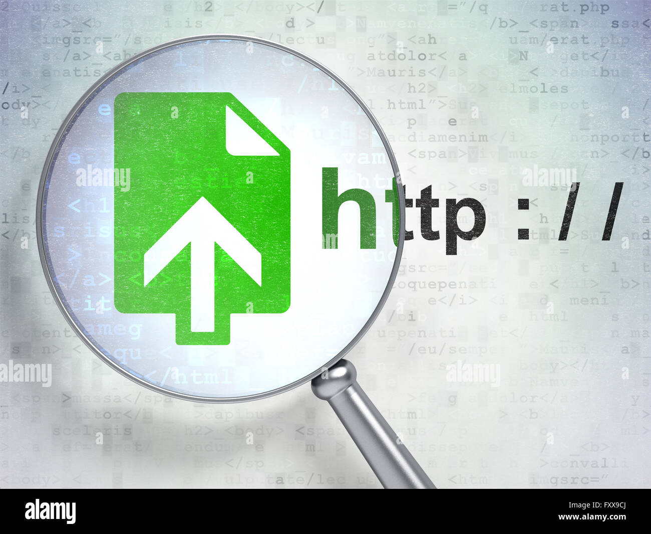 Web development concept: Upload and Http : / / with optical glass Stock ...