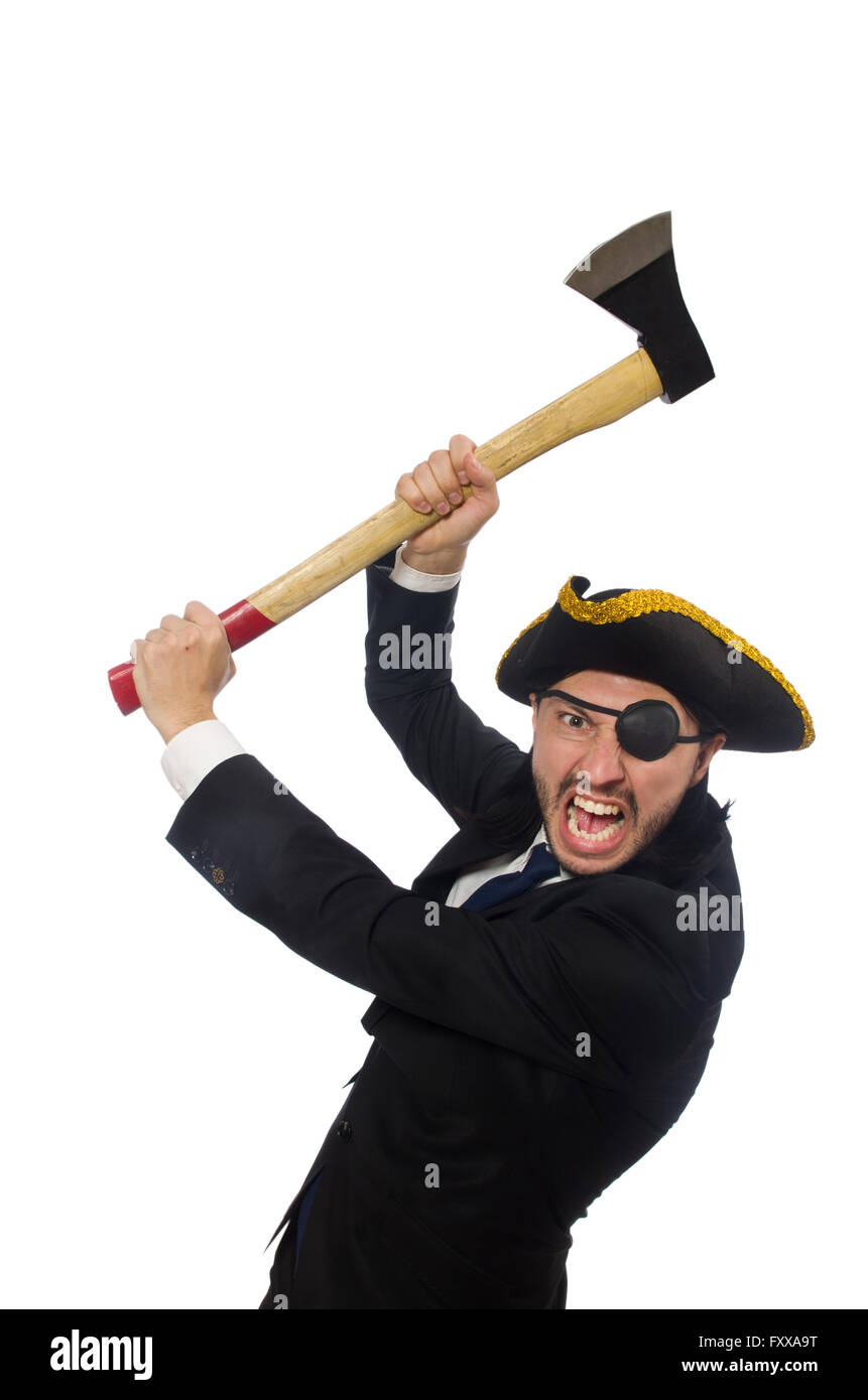 Pirate businessman with axe isolated on white Stock Photo Alamy